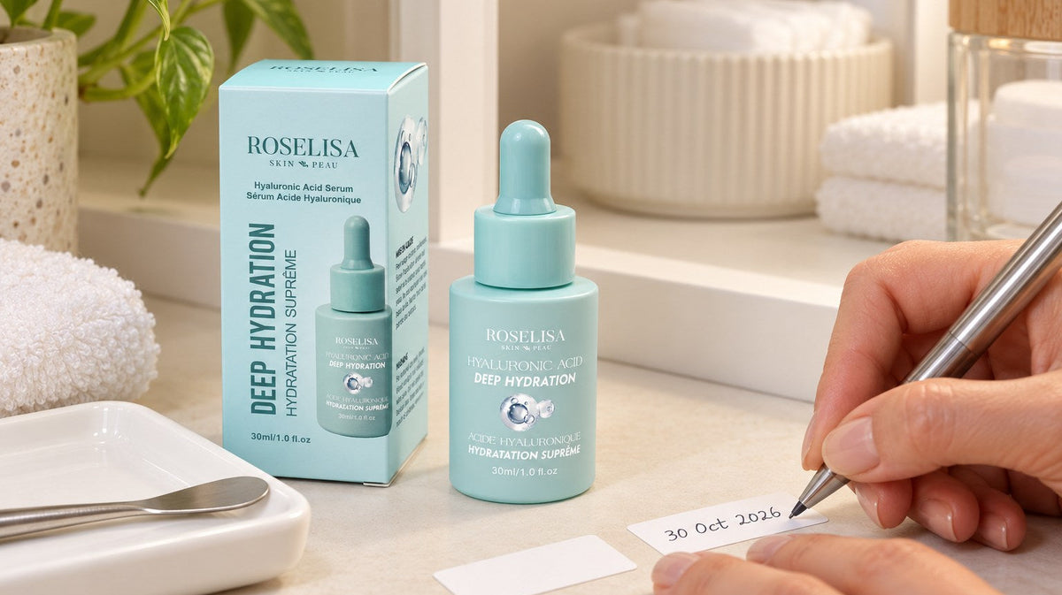 Recording a skincare product’s opening date beside a capped serum bottle
