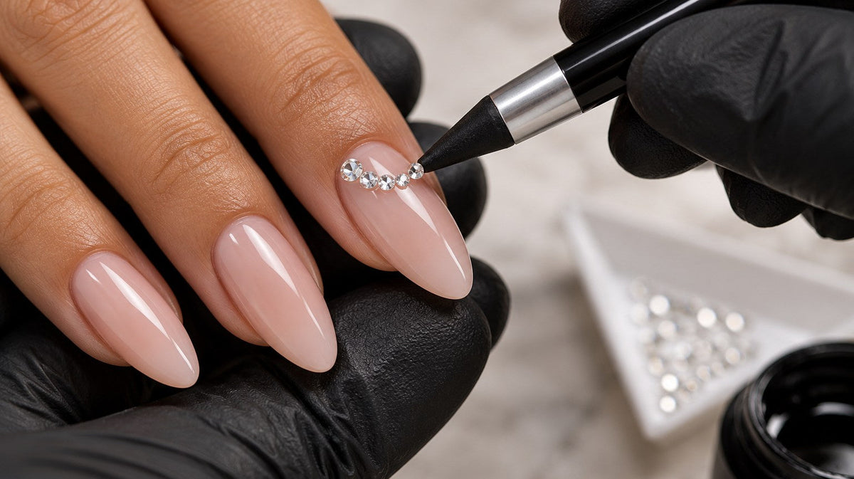A nail technician places clear crystals on a blush almond manicure.