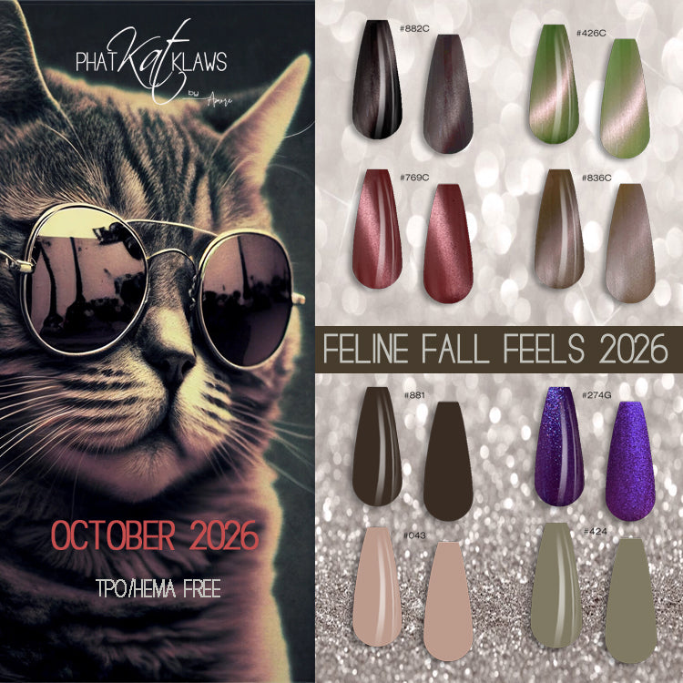 Phat Kat Feline Fall Feels 2026 poster with purple glitter gel polish #274G and seven other shades