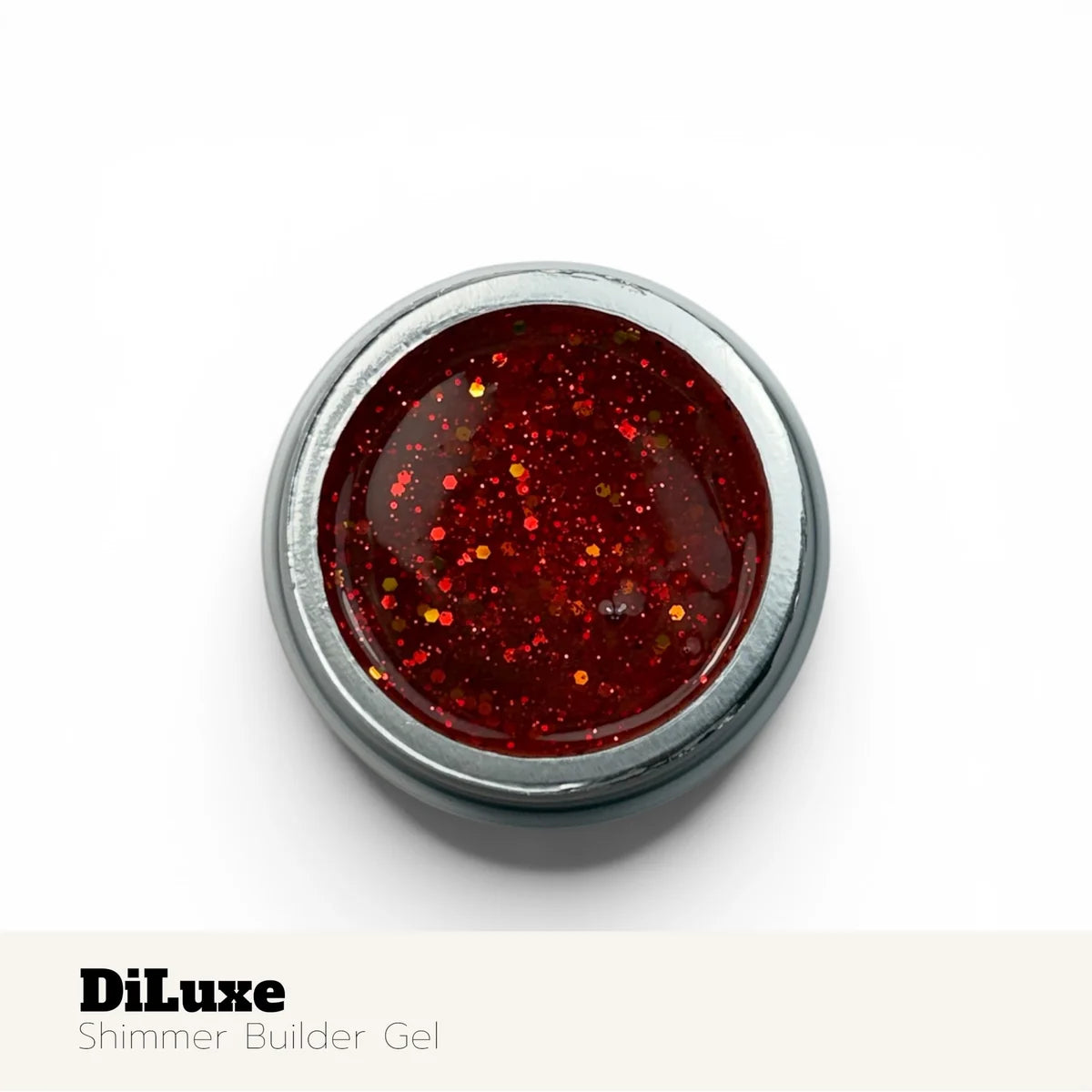 Red glittery gel in a silver container with 'DiLuxe' branding on a white background