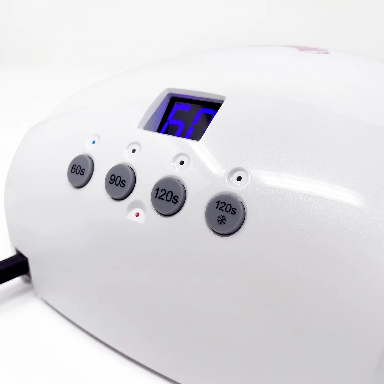 White electronic device with digital display and buttons on a white background