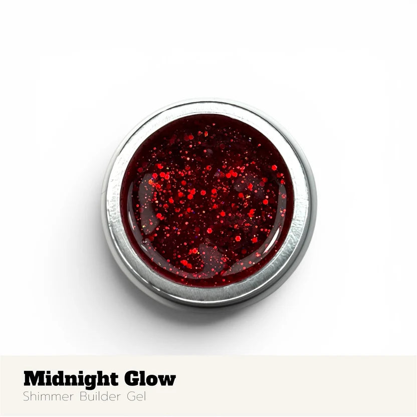 Red glittery gel in a silver container with 'Midnight Glow' text on a white background