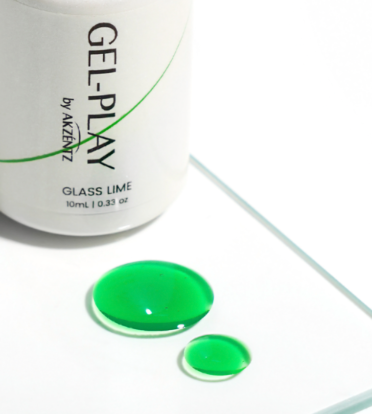 Akzentz Gel-Play Glass Lime translucent gel drops on glass palette