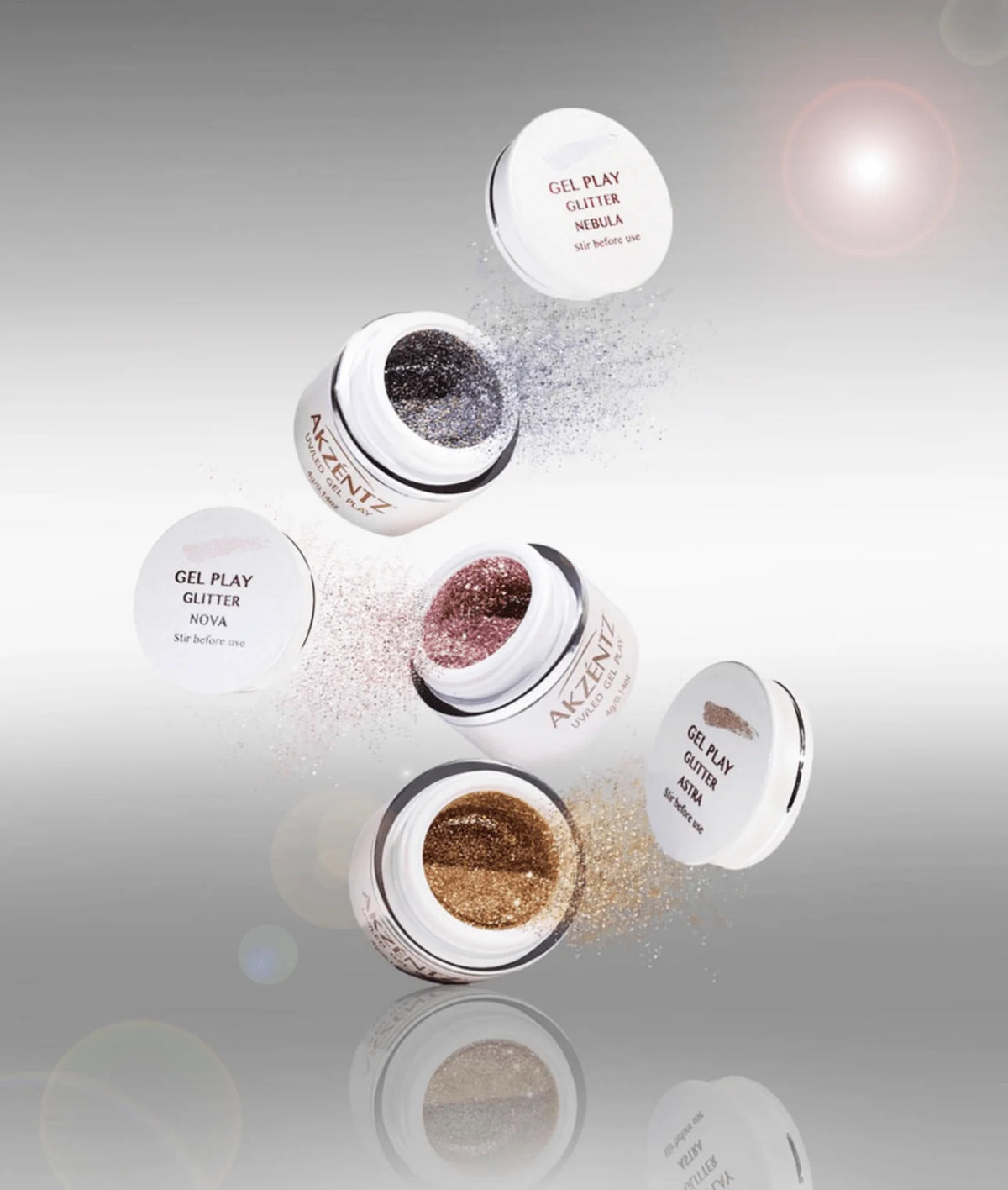 Akzentz Gel-Play Glitz metal-leaf gel jars in product display