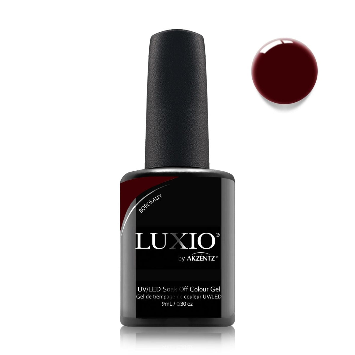 Akzentz Luxio Bordeaux 15 mL gel polish bottle with color swatch