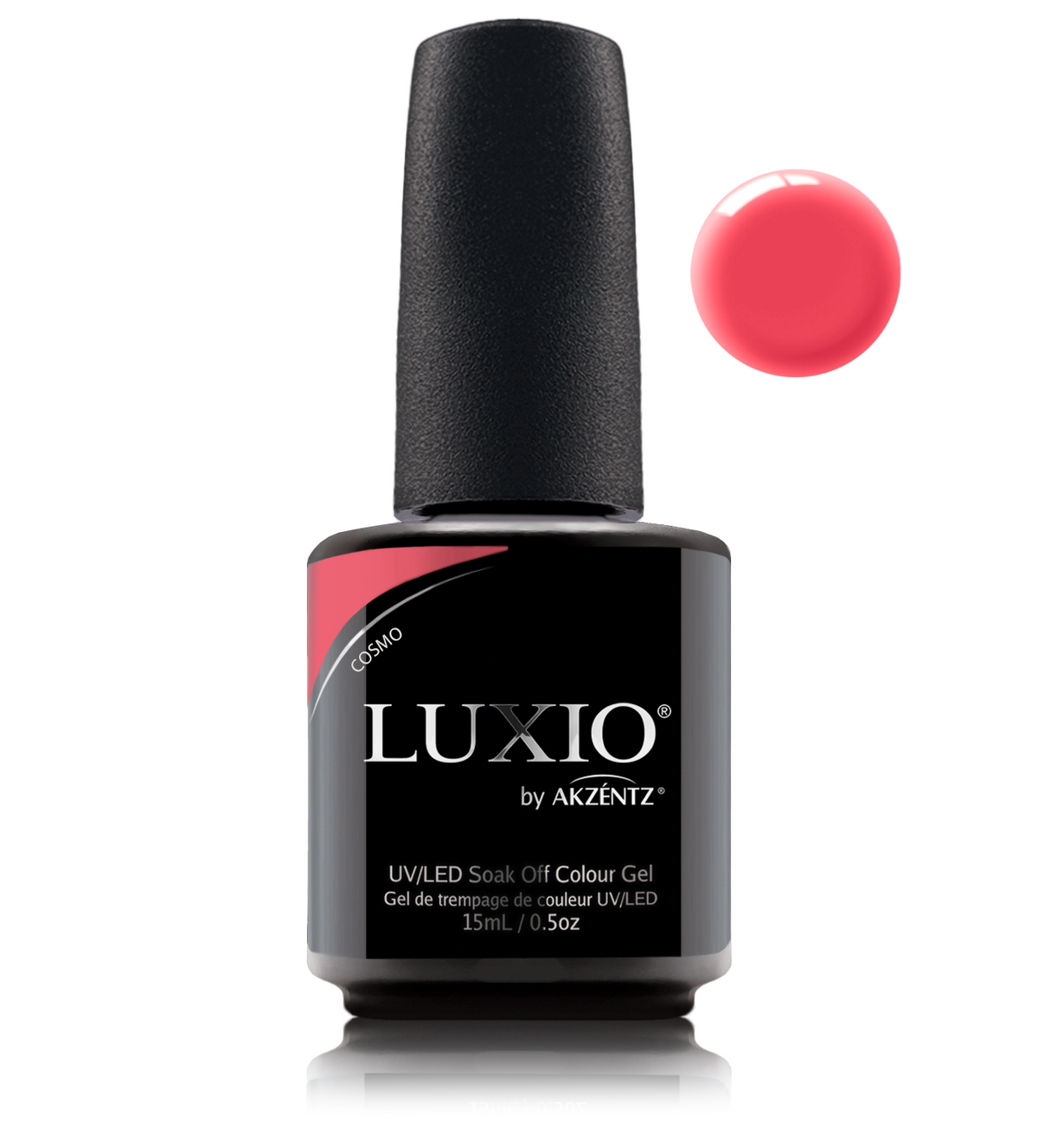 Akzentz Luxio Cosmo 15 mL gel polish bottle with small round color swatch