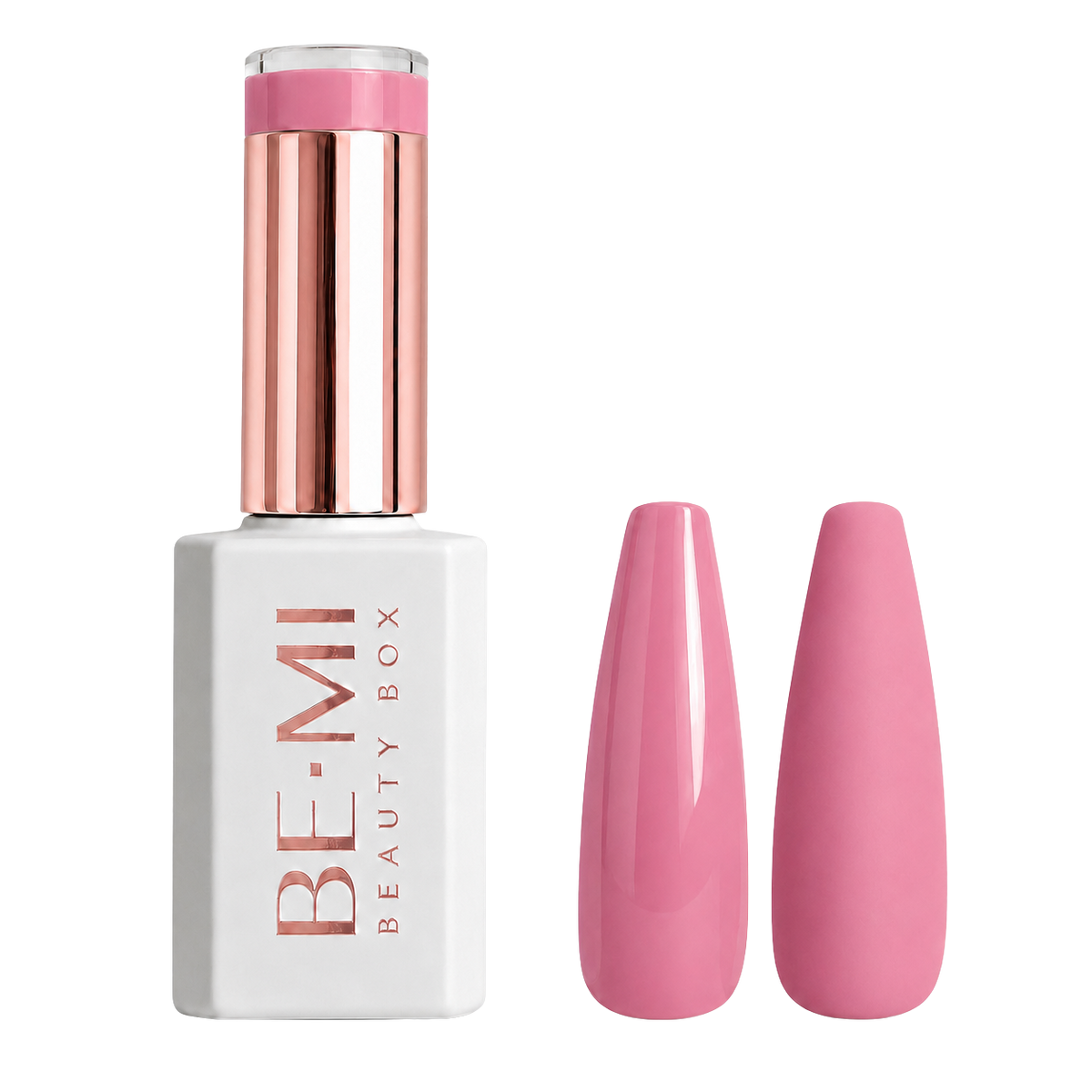 BEMI Beauty Box Soft Launch sheer rose-pink Creami gel polish bottle with matching nail swatches.
