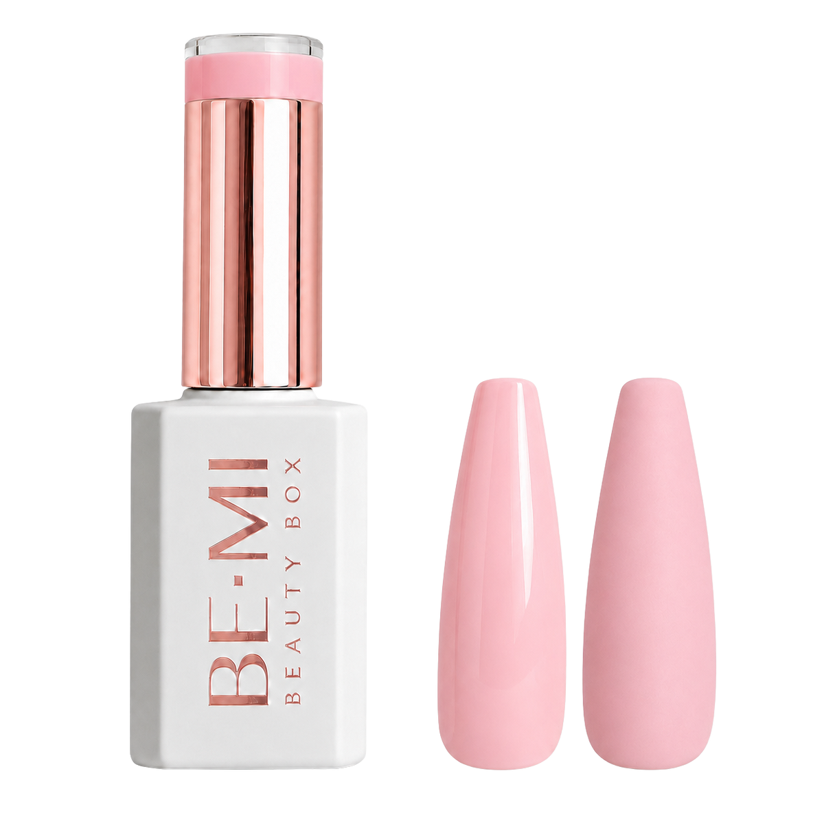 BEMI Beauty Box Bare With Me sheer peach-nude Creami gel polish bottle with matching nail swatches.
