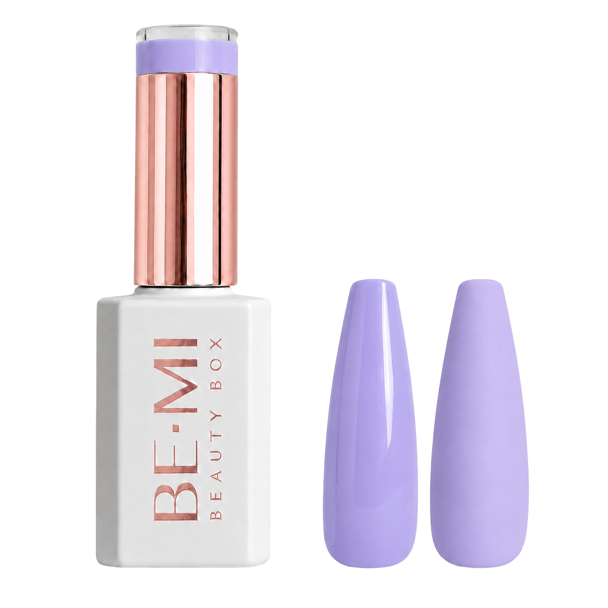 A bottle of BE-MI Beauty Box nail polish with a metallic rose gold cap and a white base, shown next to two artificial nail tips painted in a light lavender purple shade, on a neutral gray background.