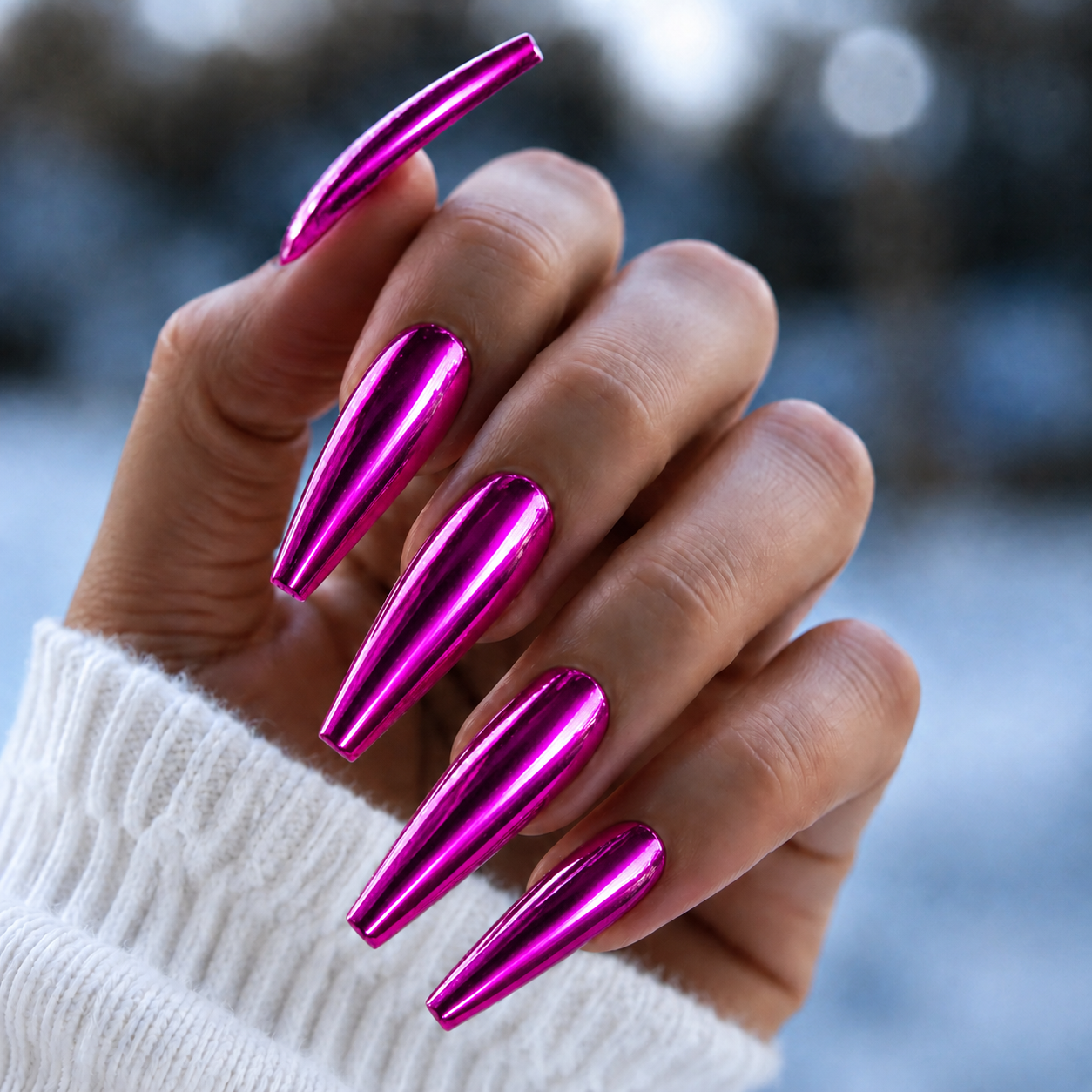BEMI Chroma Fuchsia Chrome shown on long coffin nails