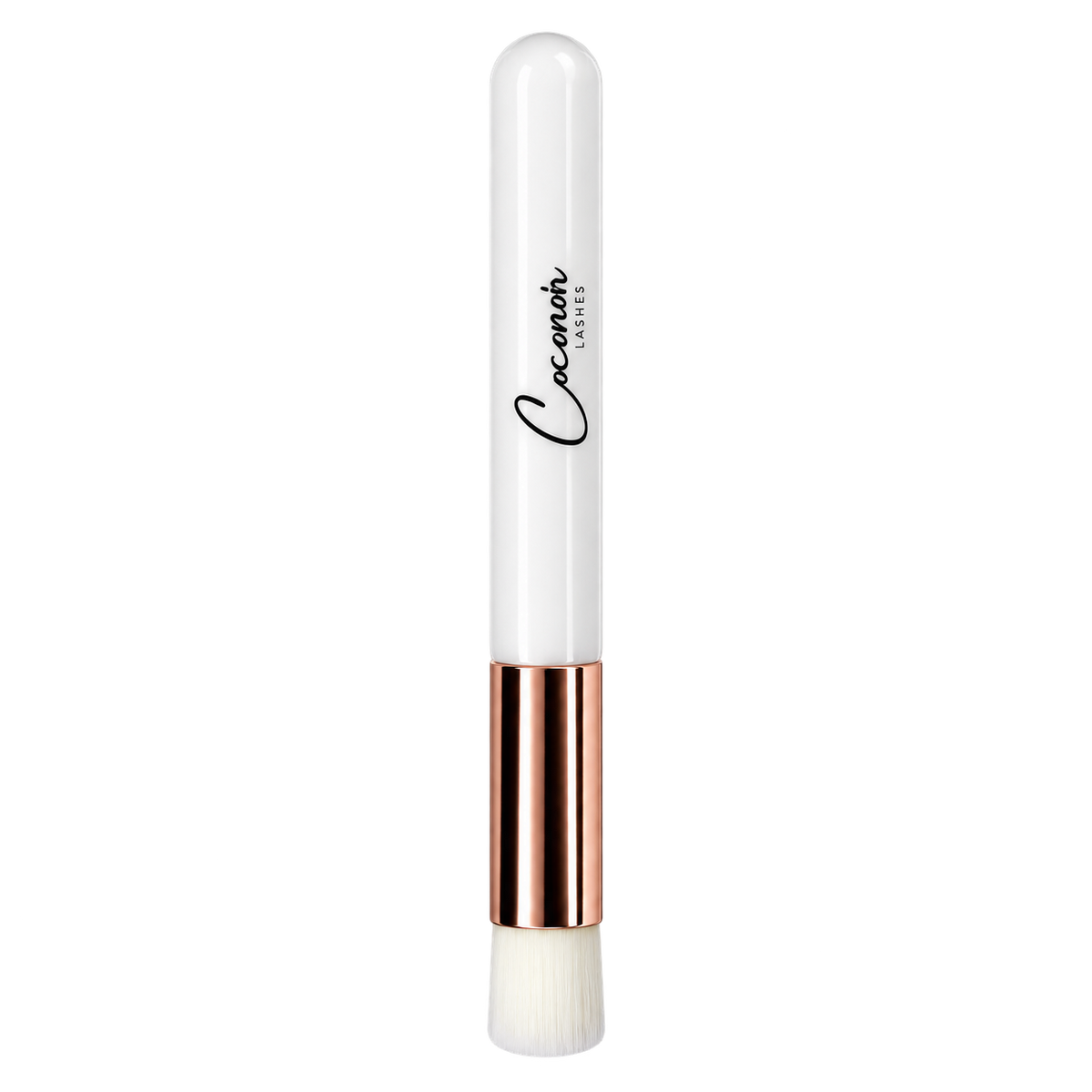Coconoir Beauty white lash cleansing brush with rose gold ferrule and soft white bristles