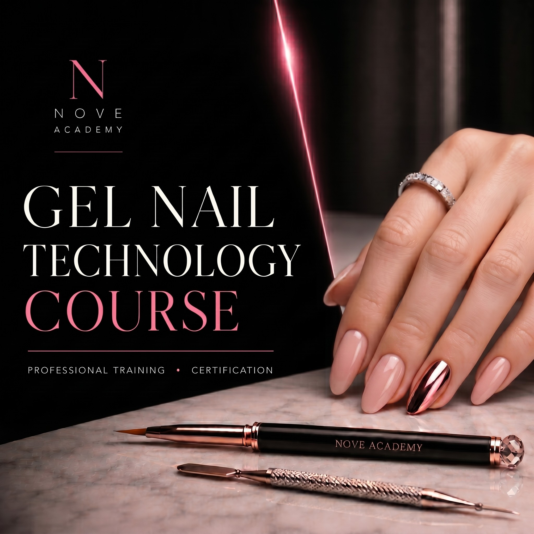 Advertisement for Nove Academy Gel Nail Technology Course with tools and a hand with pink nails.
