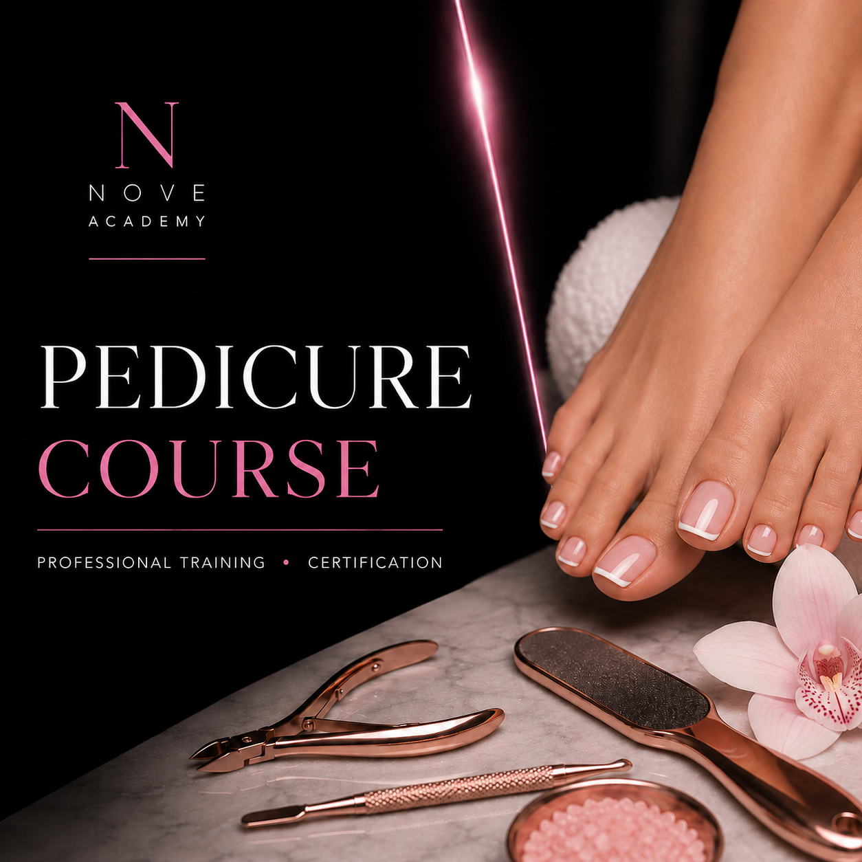 Advertisement for Nove Academy pedicure course with feet, tools, and orchid on a dark background