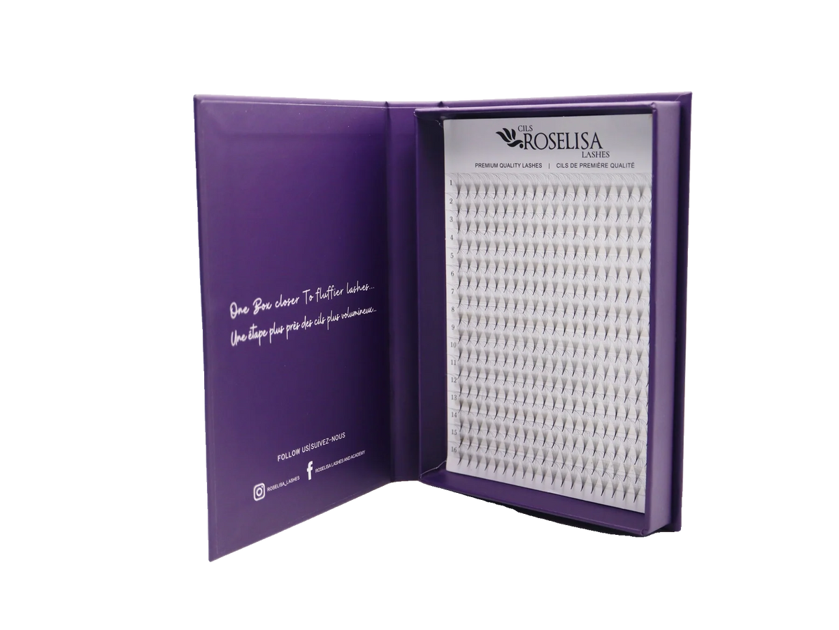 Roselisa - Promade Volume Fans - D-Curl - 5D x 9mm open purple display box and lash tray