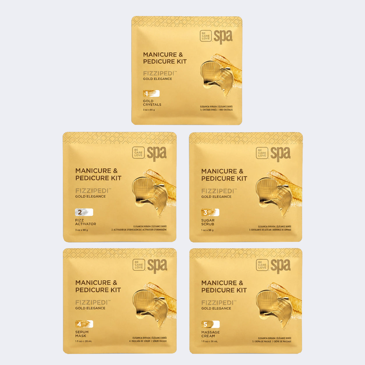 Six gold-colored Fizzipedi+ Manicure & Pedicure Kit single-use packet sachets arranged in a grid on a light gray background.
