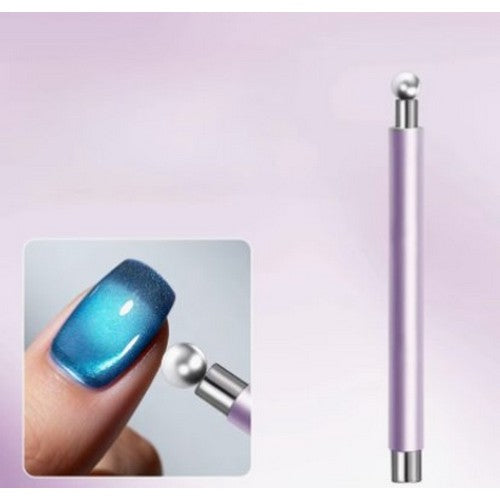 Nail art tool with a close-up of a blue glittery nail on a light purple background
