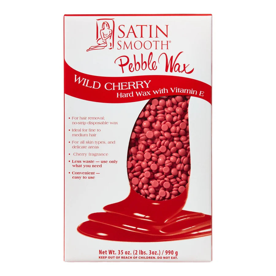 Box of Satin Smooth Pebble Wax Wild Cherry with Vitamin E on a white background