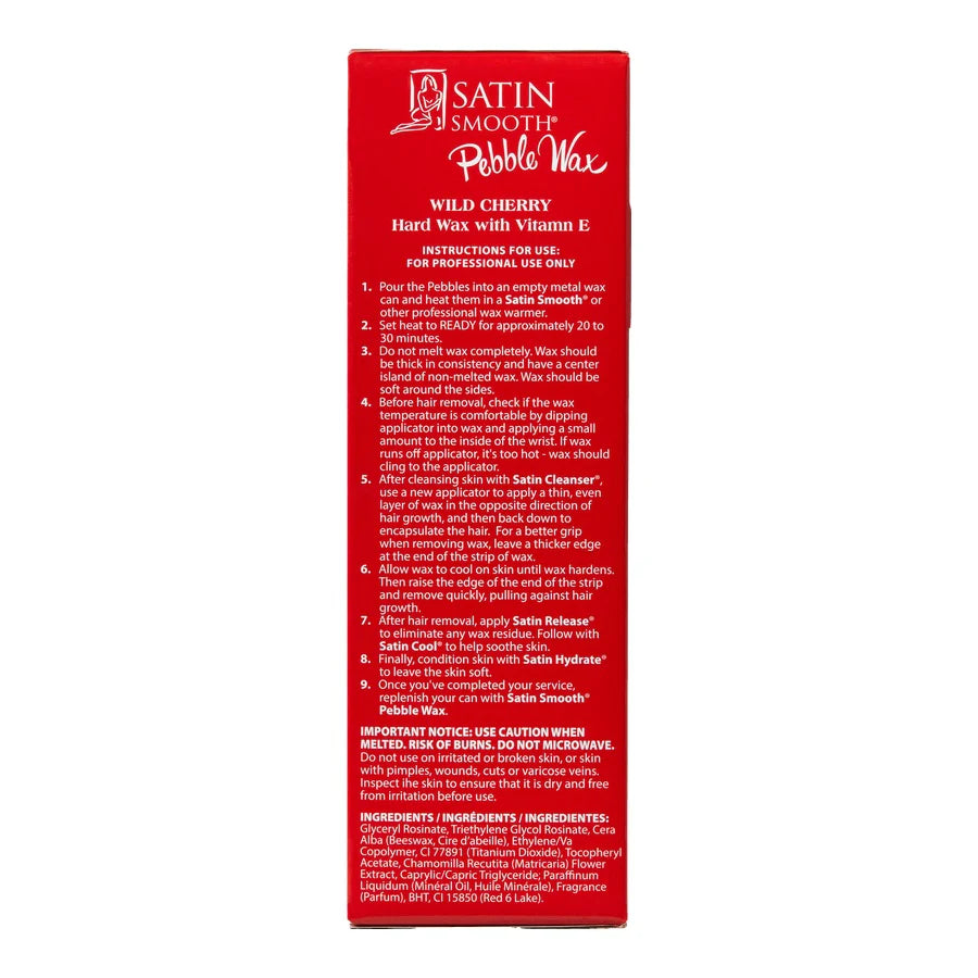 Red box of Satin Smooth Pebble Wax with Wild Cherry flavor on a white background