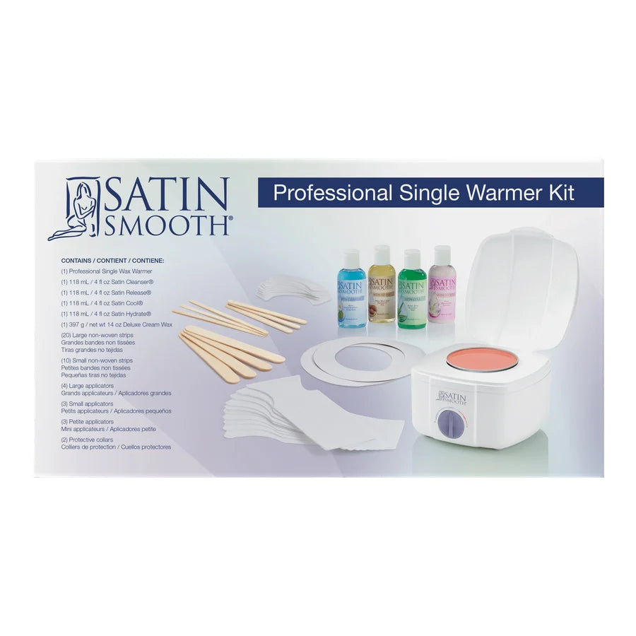 Satin Smooth Professional Single Warmer Kit packaging and contents display, showing the white warmer device, lid, wooden spatulas, cotton pads, and four colored liquid bottles on a white background.