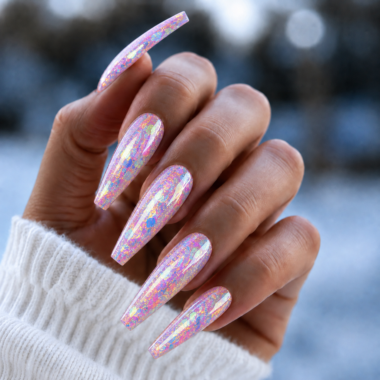 BEMI Unicorn Flakes Chrome shown on long coffin nails