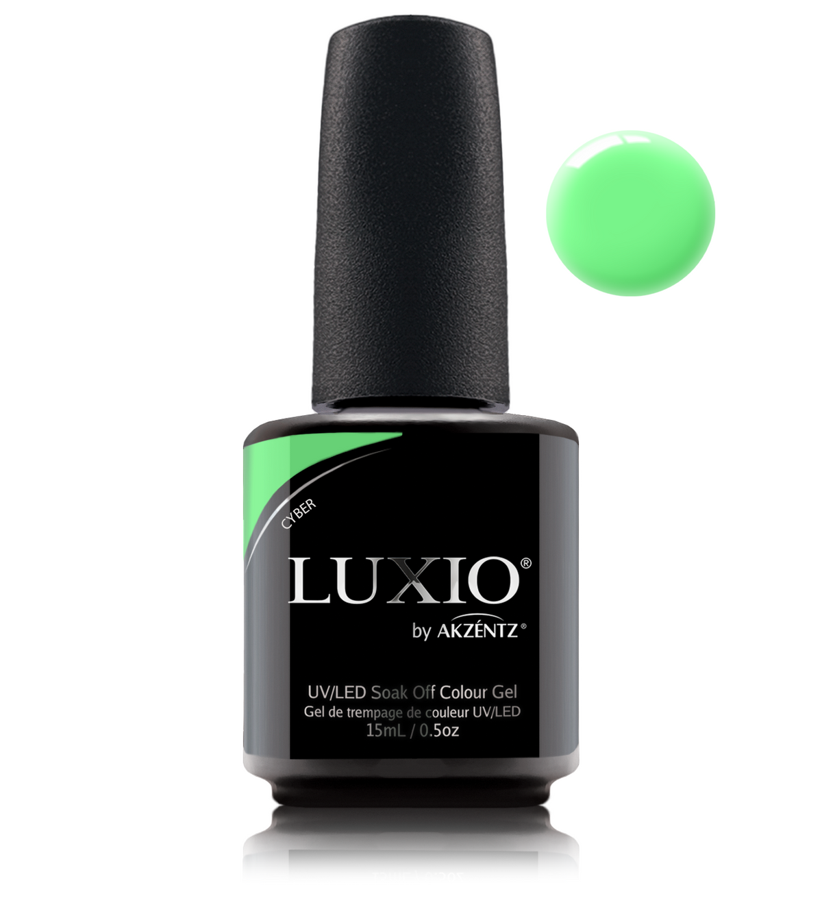 Akzentz Luxio Cyber 15 mL color gel bottle with matching small round color swatch