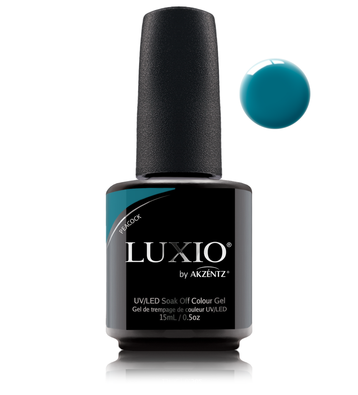 Akzentz Luxio Peacock 15 mL color gel bottle with matching small round color swatch
