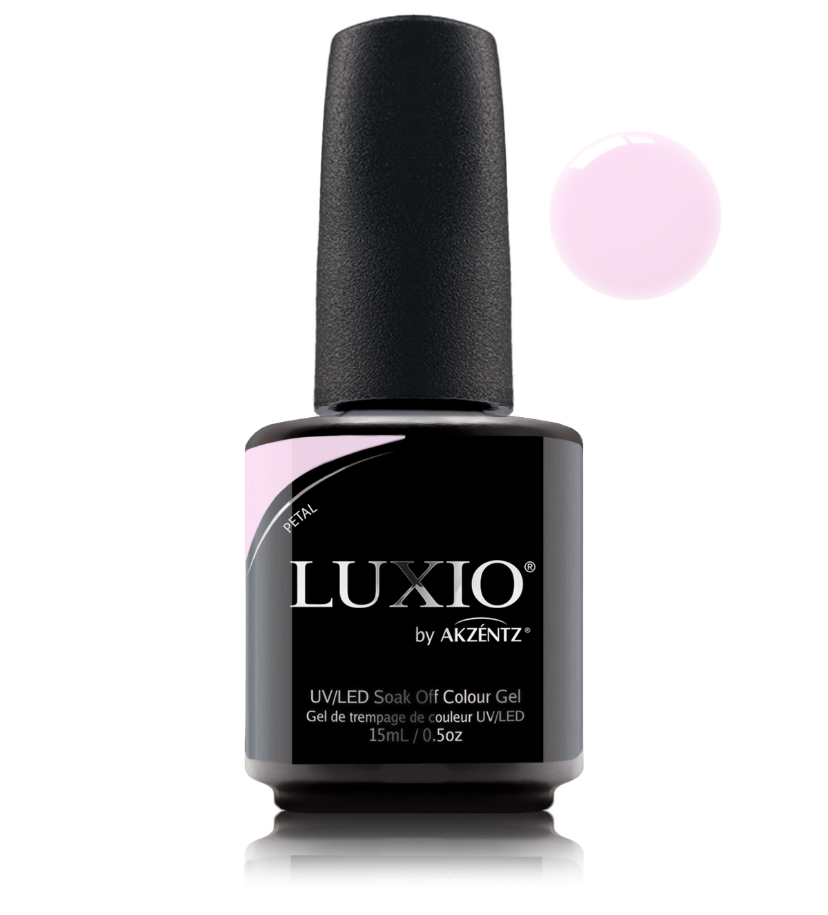 Akzentz Luxio Petal 15 mL color gel bottle with matching small round color swatch