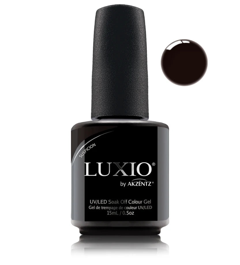 Akzentz Luxio Suspicion 15 mL color gel bottle with matching small round color swatch