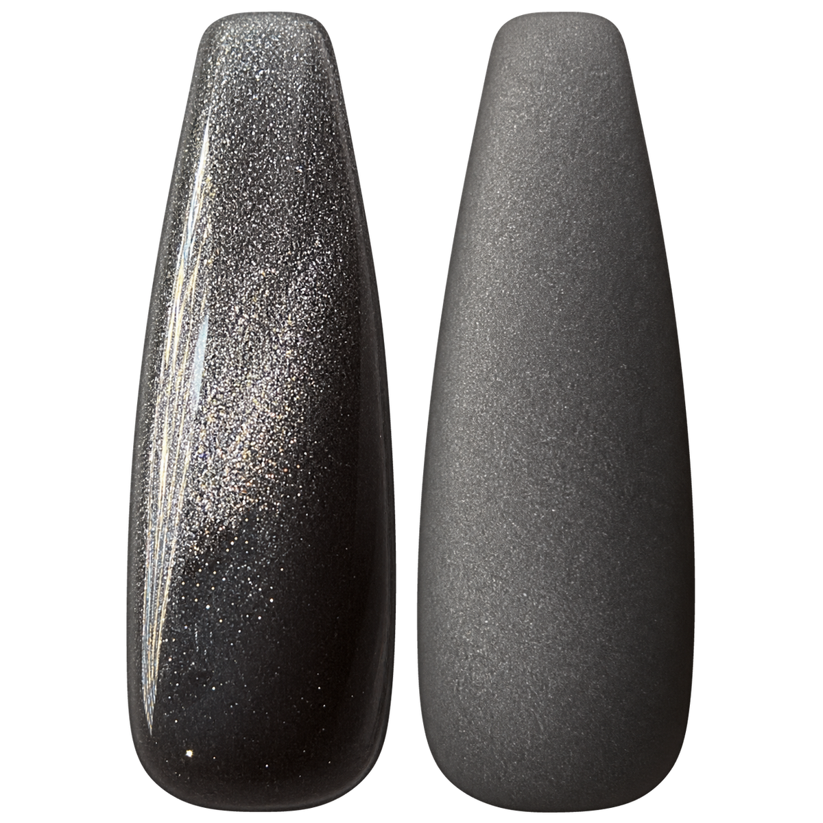 Glossy and matte Deep charcoal gray nail swatches for BEMI Cat Eye Goddess.