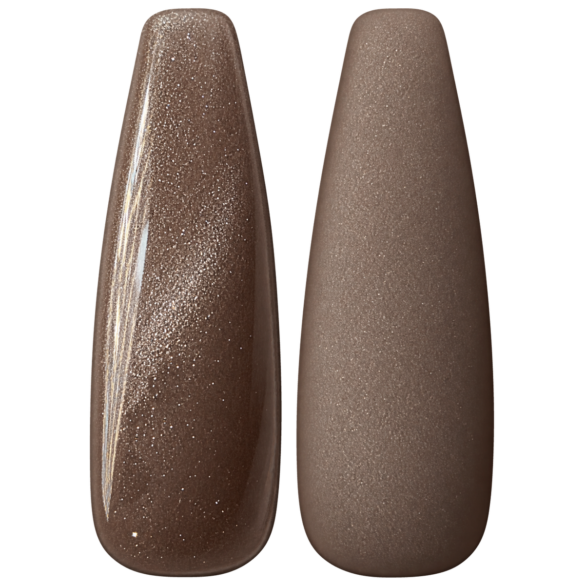 Glossy and matte Warm taupe brown nail swatches for BEMI Cat Eye Moonlight.