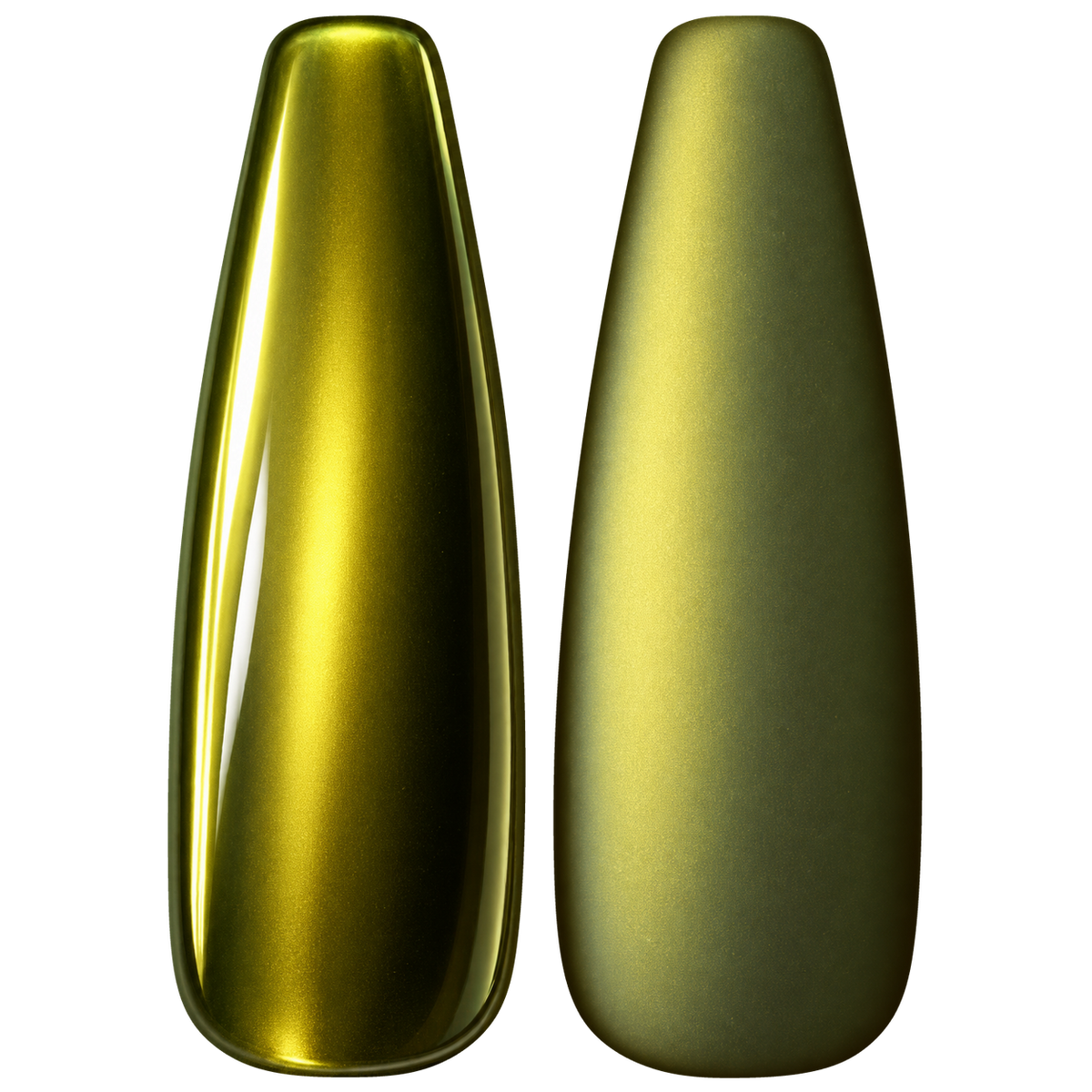 Glossy and matte Antique gold with an olive shift nail swatches for BEMI Chrome Halo.