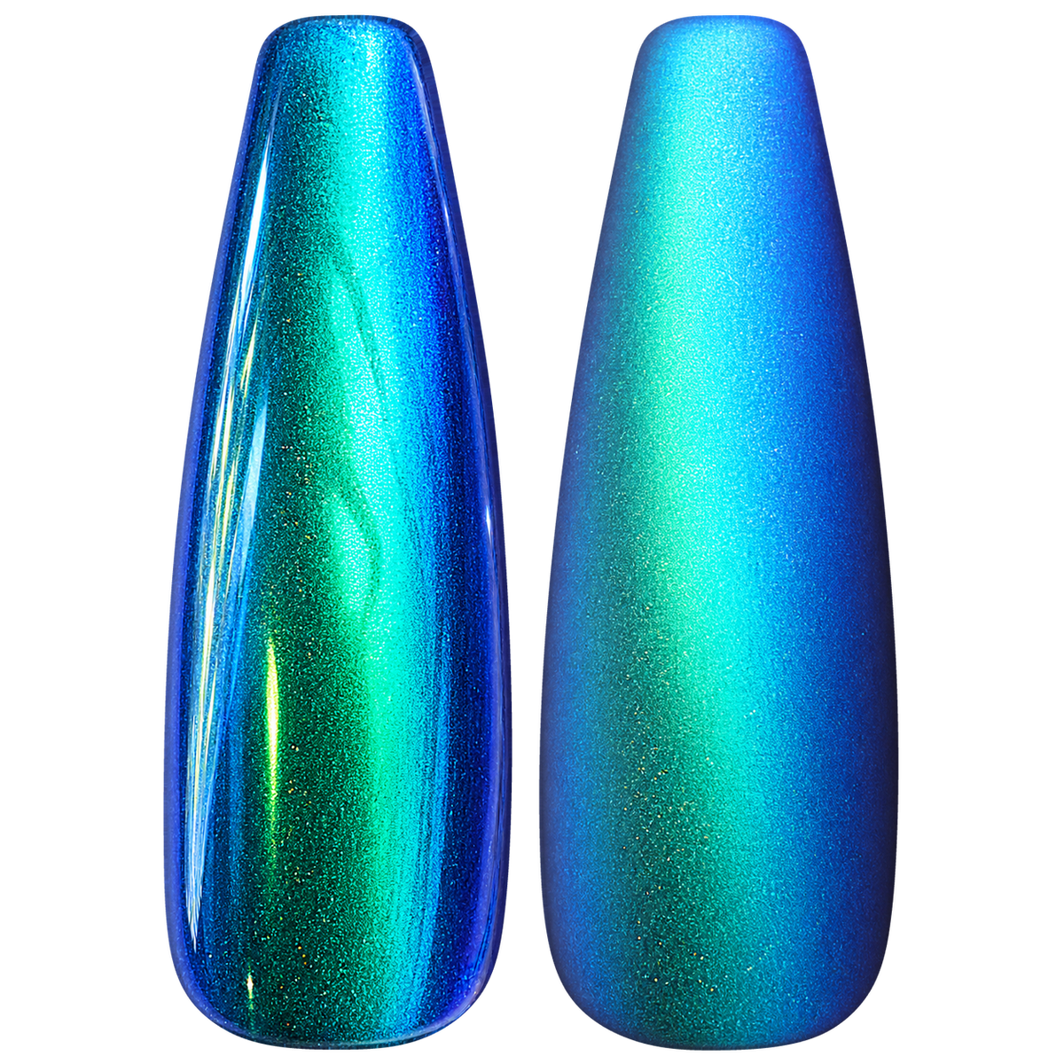 Glossy and matte Aqua blue with a green shift nail swatches for BEMI Chrome Lumen.