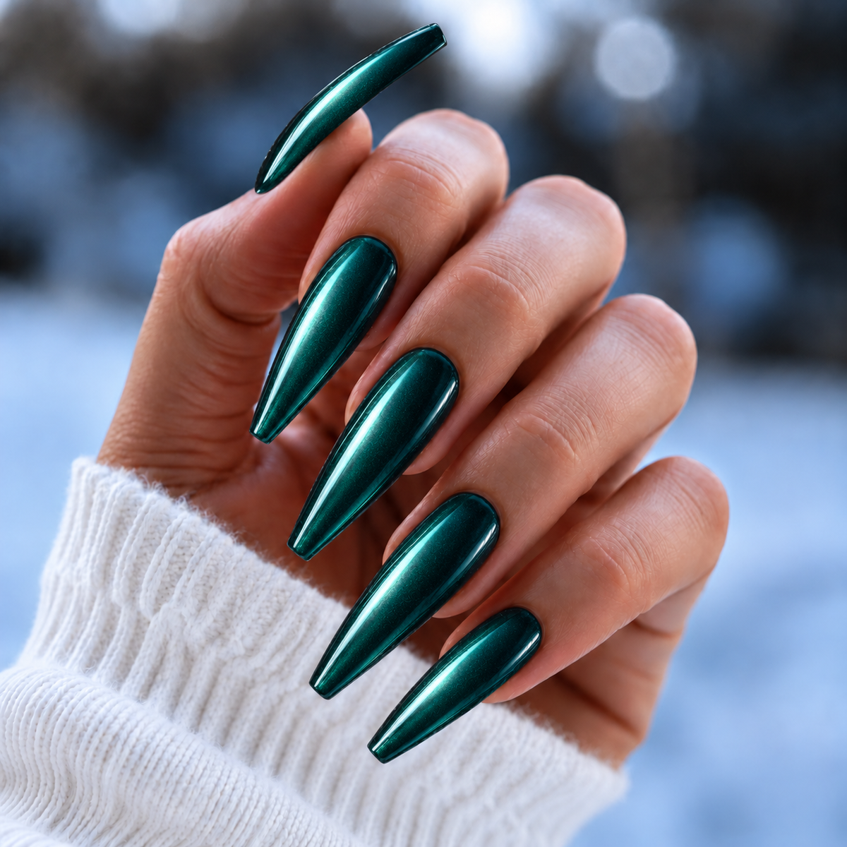 BEMI Chrome Moonshine nails in a color photo.