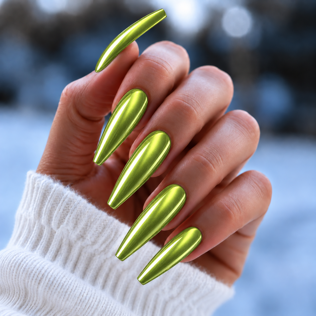 BEMI Chrome Neo Green nails in a color photo.