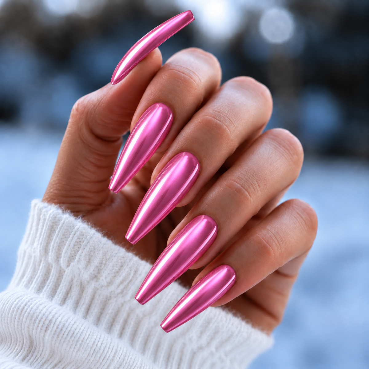 BEMI Neo Pink Chrome shown on long coffin nails