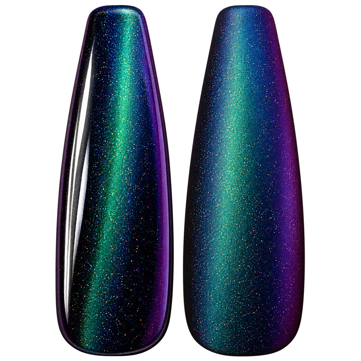 Glossy and matte Dark blue-green with violet shifts and fine sparkle nail swatches for BEMI Chrome Oil Slick Holo.