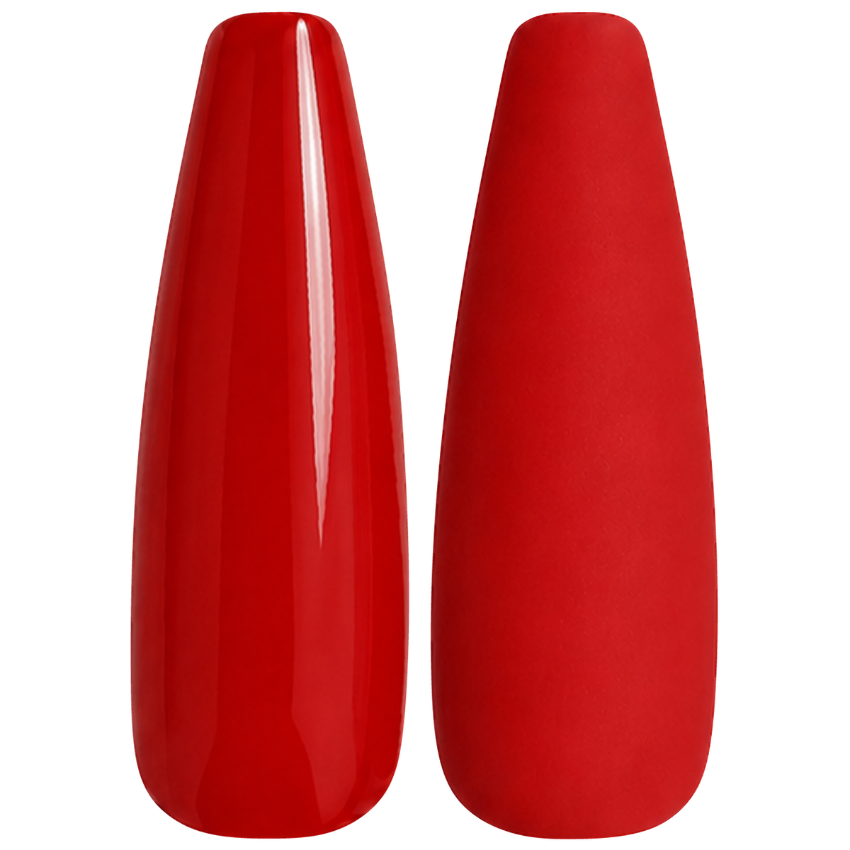 Glossy and matte bright classic red nail swatches for BEMI Creami Adrenaline R01.