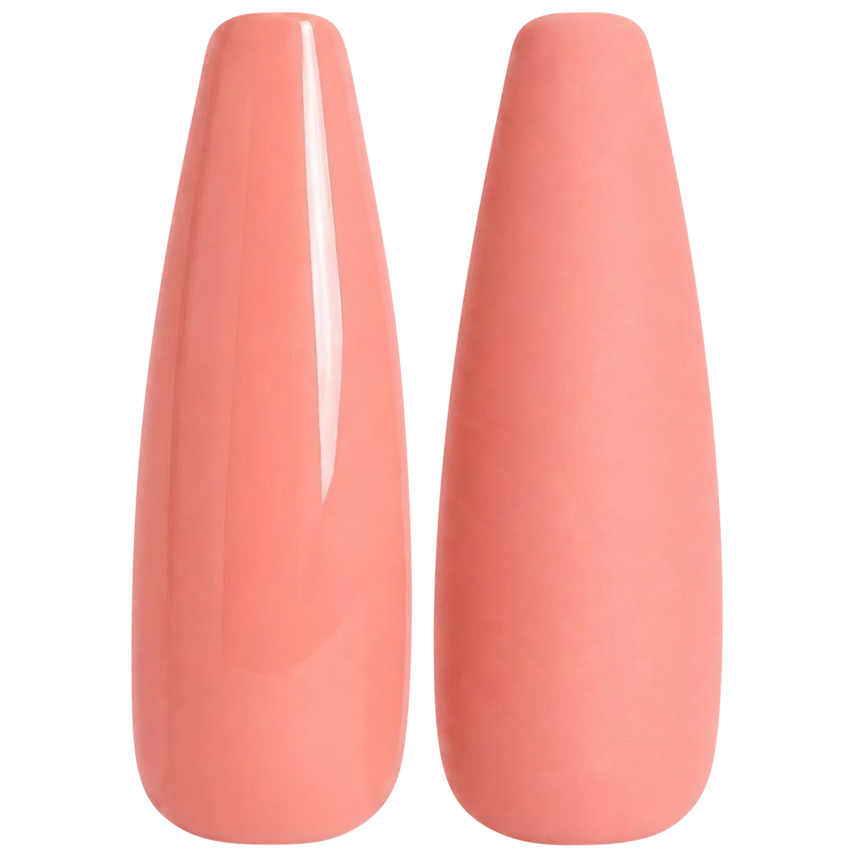 Glossy and matte soft warm coral nail swatches for BEMI Creami Bake Me Blush SS05.