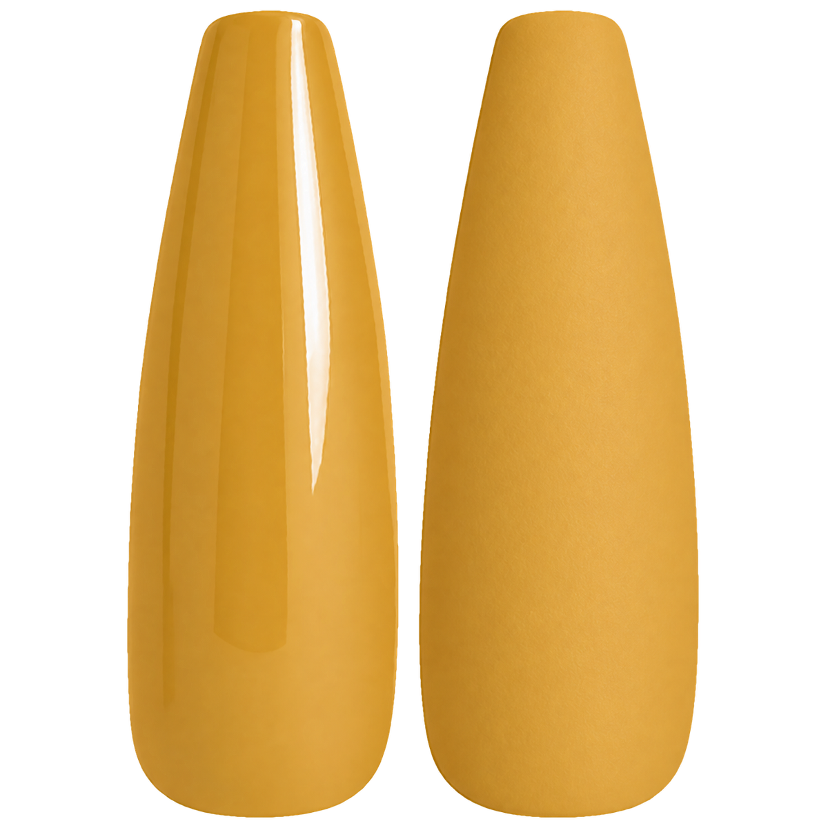 Glossy and matte warm golden orange nail swatches for BEMI Creami Marigold O22.