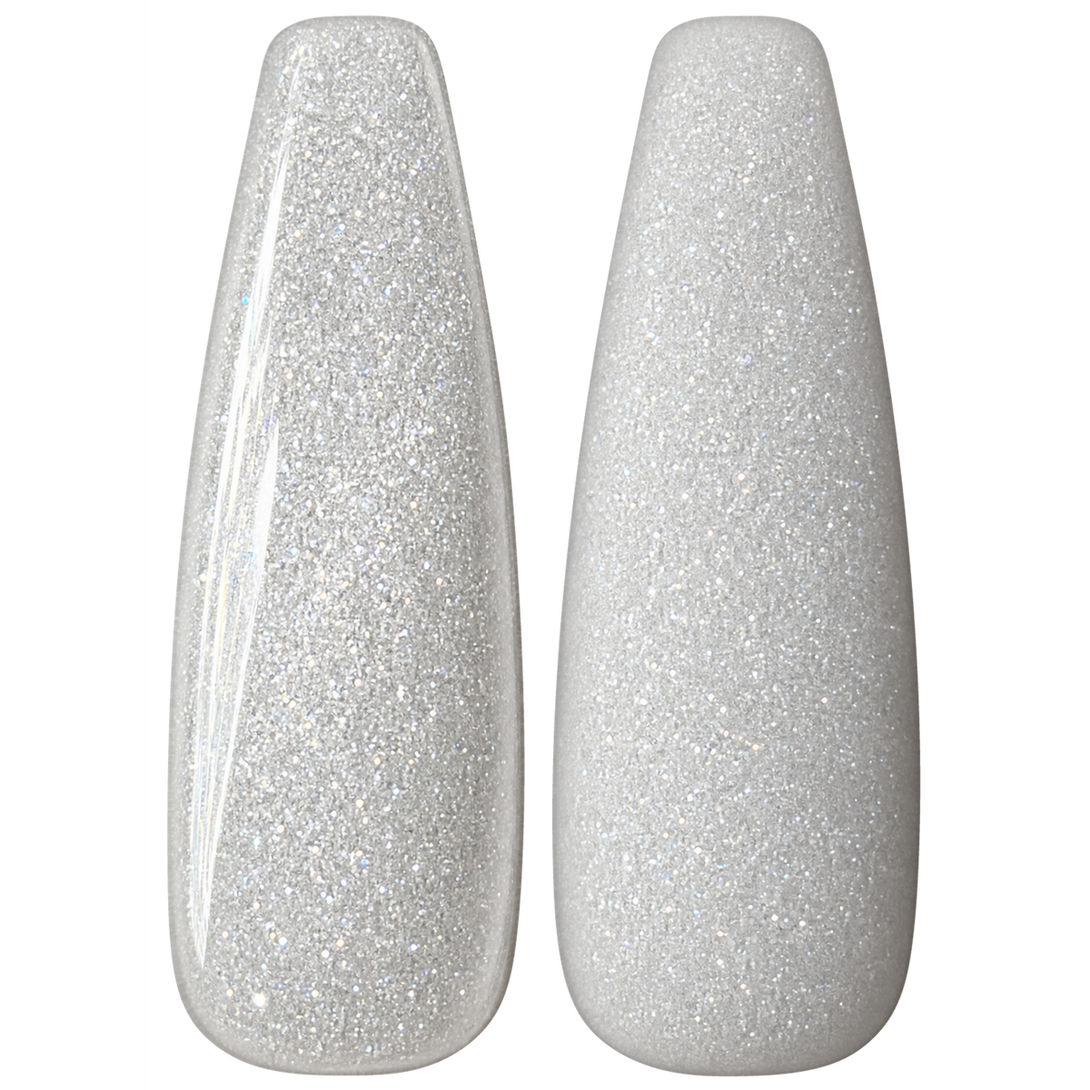 Glossy and matte White with fine, light-reflecting glitter nail swatches for BEMI Glitter Snowflake.