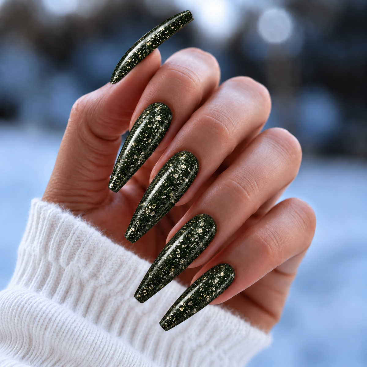 BEMI Metal Leaf Evergreen nails in a color photo.