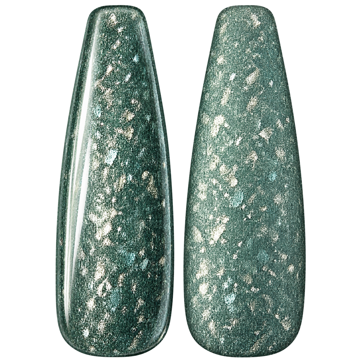 Glossy and matte Muted teal green nail swatches for BEMI Metal Leaf Jade.
