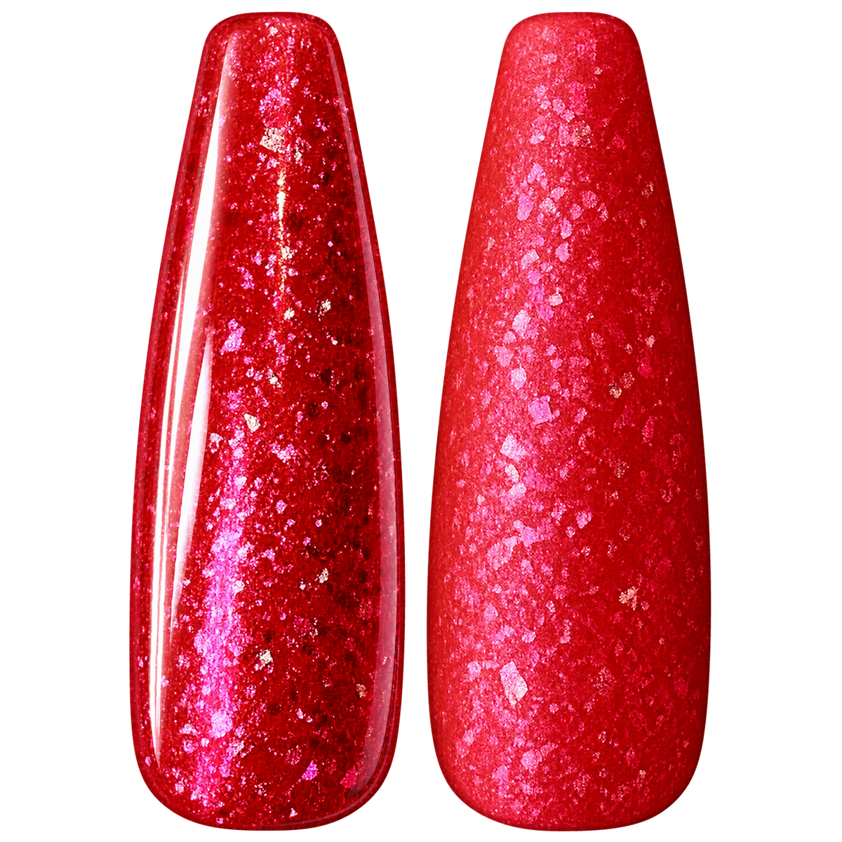 Glossy and matte Vivid cherry red nail swatches for BEMI Metal Leaf Miami.
