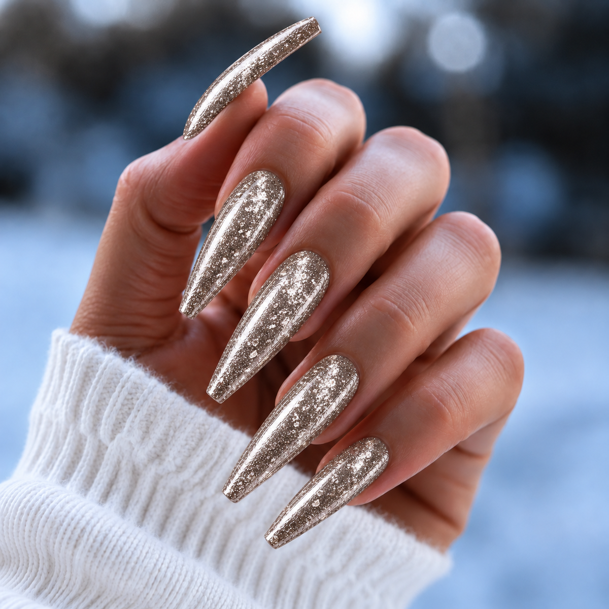 BEMI Metal Leaf Moonbeam nails in a color photo.