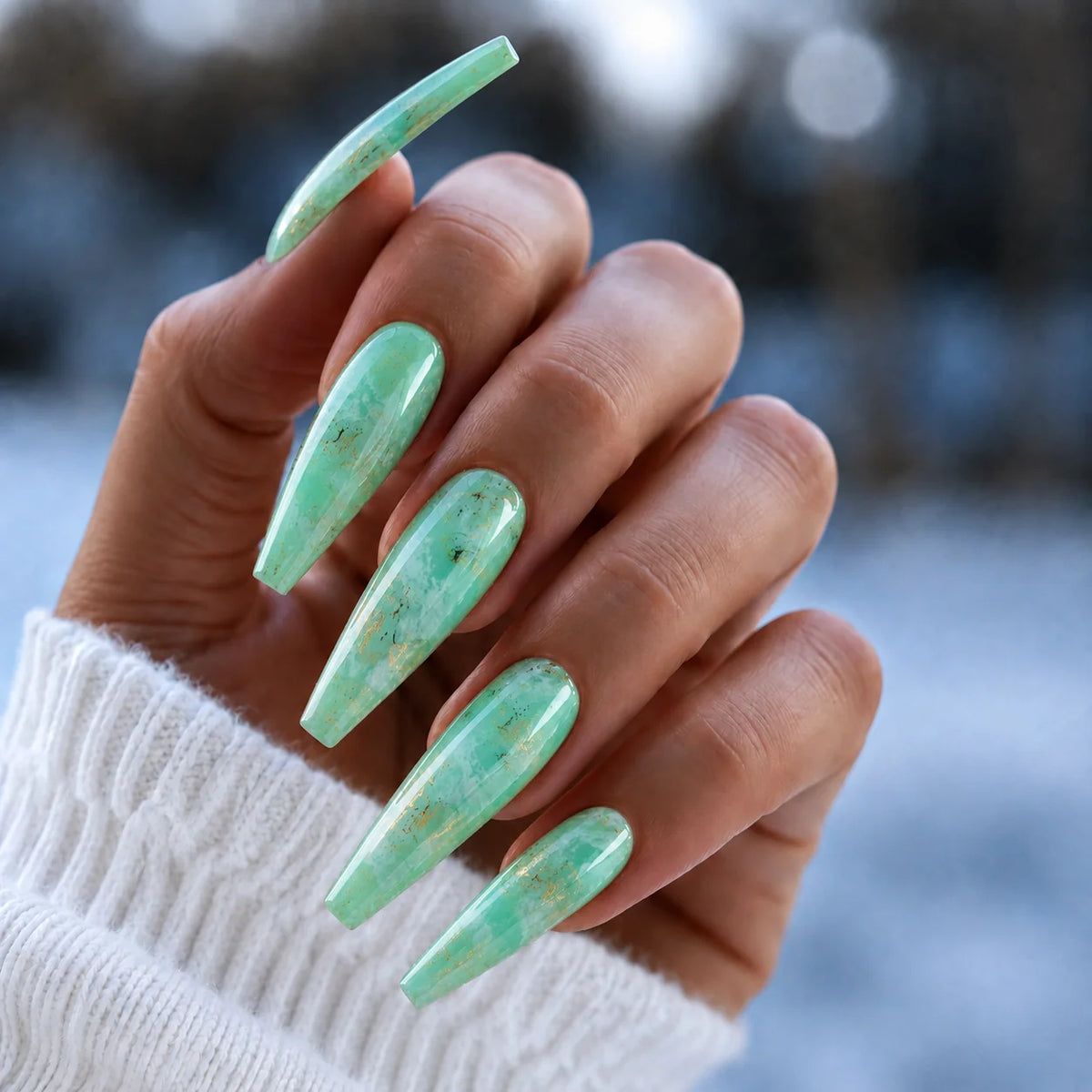 BEMI Quartz Amazon mint-green coffin nails with marbled detail and gold flecks.