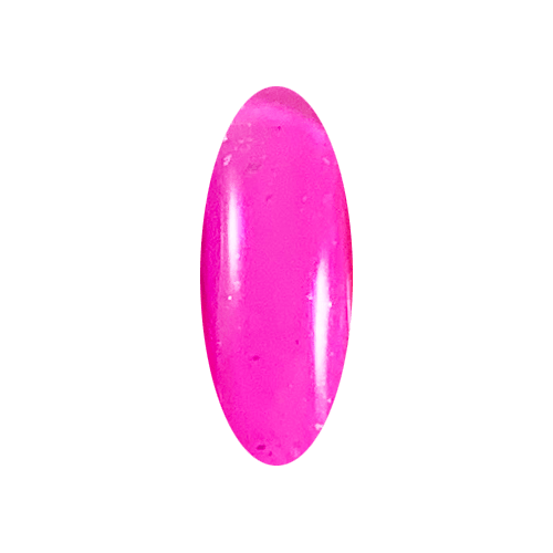 A glossy, vertically oriented oval swatch filled with a vibrant hot pink color, set against a solid dark green background.