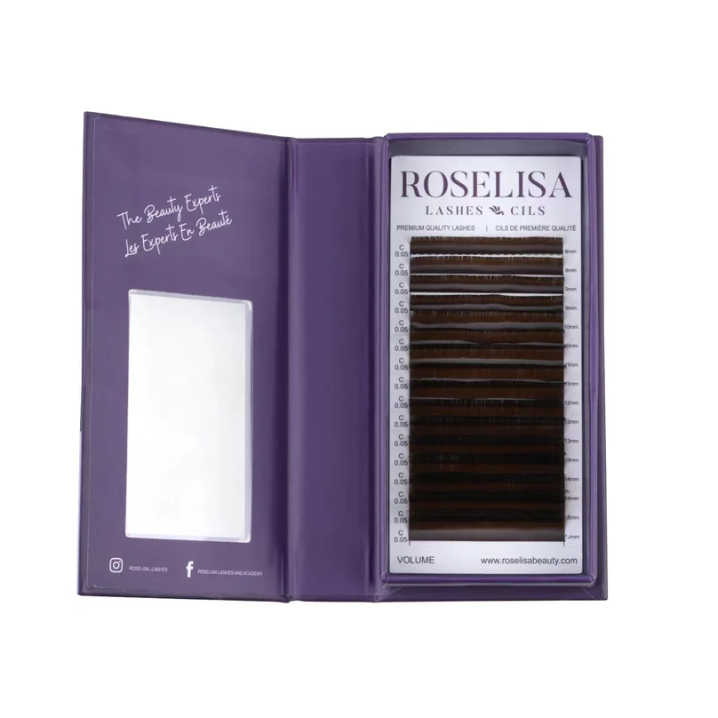 Roselisa brown 0.05 C-curl mixed volume lash tray angled open view