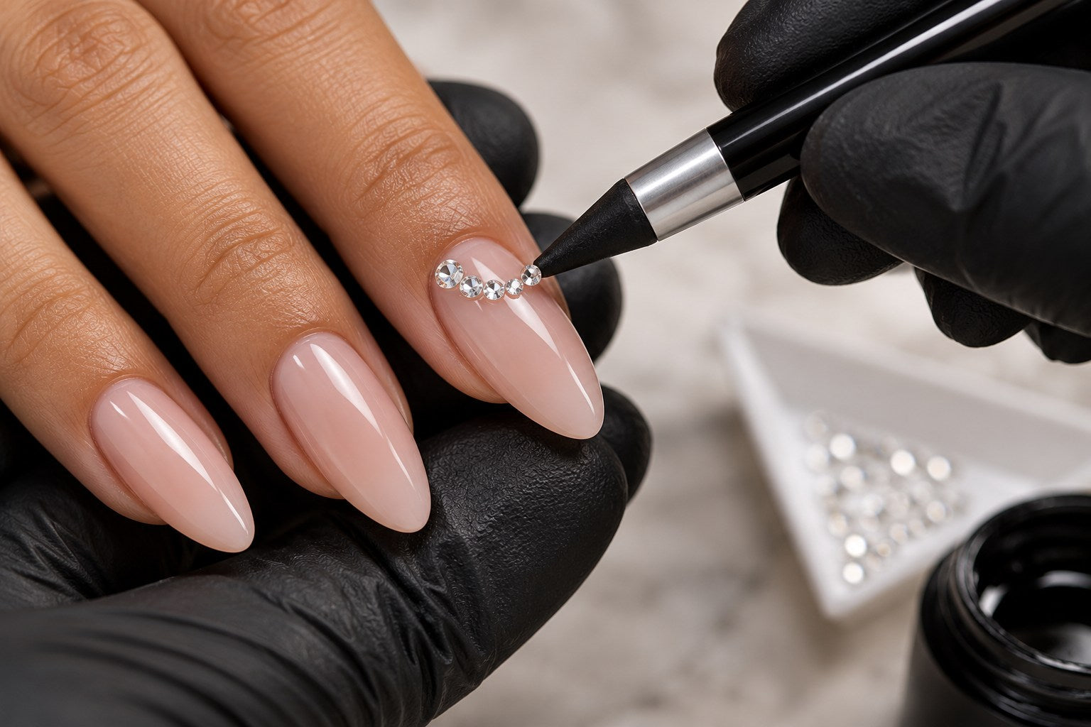 A nail technician places clear crystals on a blush almond manicure.