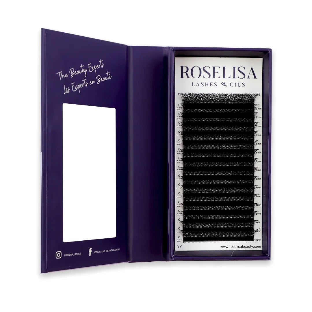 Roselisa Lashes & Cils false eyelash extension tray shown open, displaying rows of black lashes on a white card inside a purple presentation case.