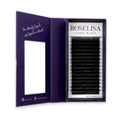 Roselisa Lashes & Cils false eyelash extension tray shown open, displaying rows of black lashes on a white card inside a purple presentation case.